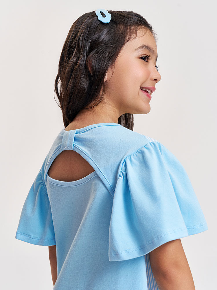 Vestido Infantil em Cotton com Estampa de Ursinha – Vestido Menina Verão com Strass AZUL PORCELANA