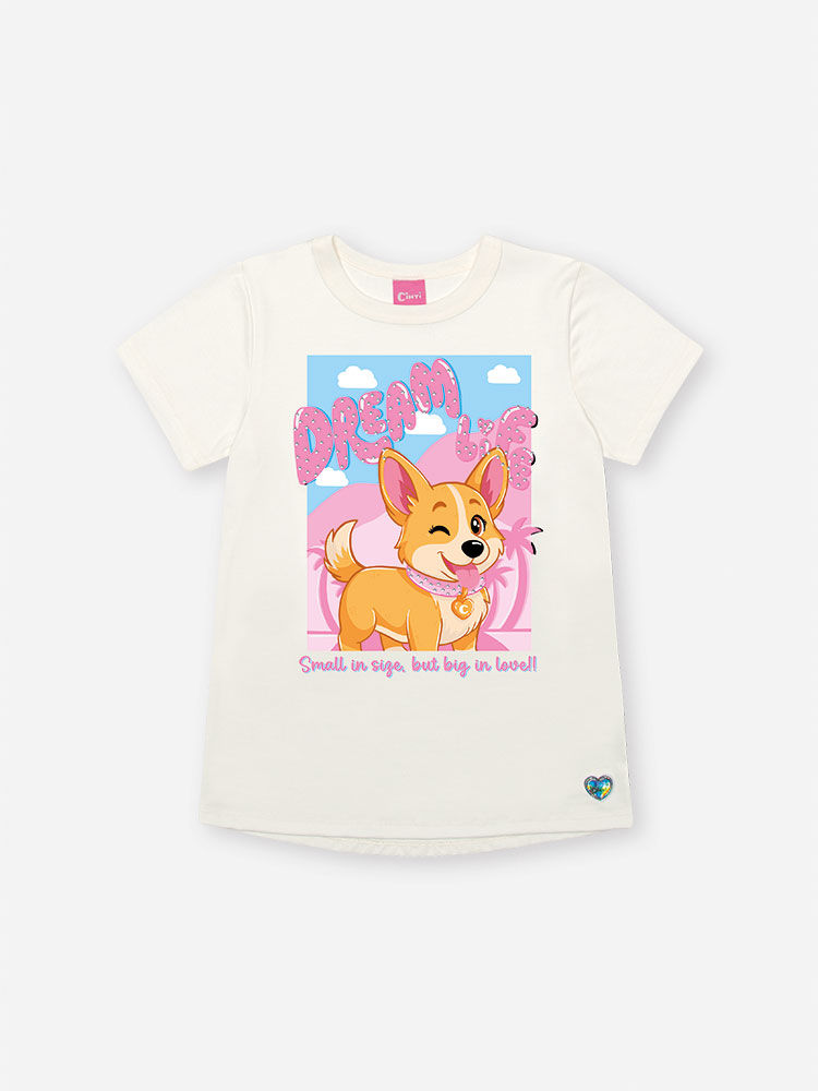 Camiseta Infantil com Estampa de Cachorrinho – Blusa Menina Verão com Strass NATURAL
