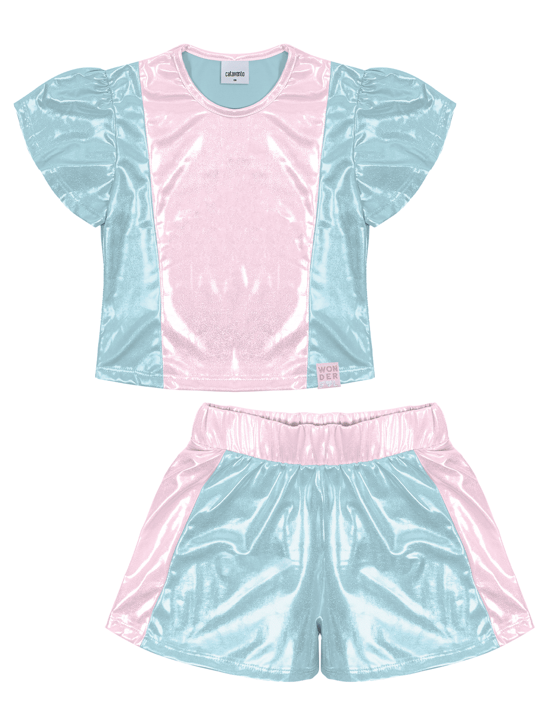 Conjunto Blusa E Shorts Holográfico Rosa E Azul CTV Conjunto Blusa E Shorts Holográfico Rosa E Azul CTV