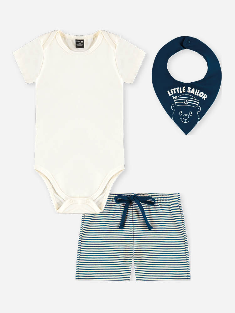 Conjunto Bebê Menino Body com Lenço e Bermuda Listrada Marinho