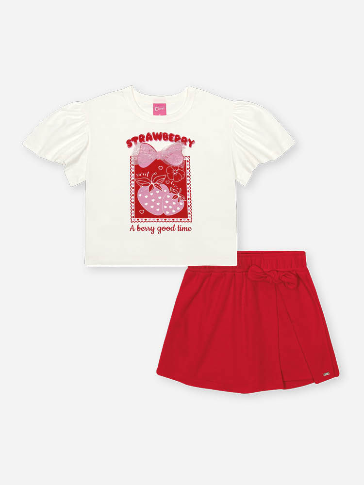 Conjunto Infantil com Blusa e Short-Saia em Moletinho Waffle – Look Menina Verão com Morango NATURAL/VM MARTE