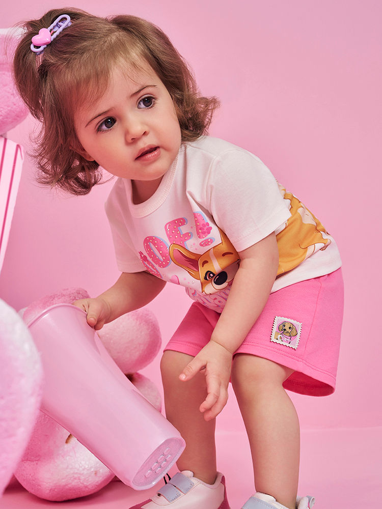 Conjunto Bebê Menina Cachorrinha com Orelhas Interativas – Blusa Boxy e Shorts em Algodão NATURAL/RS CONFETE