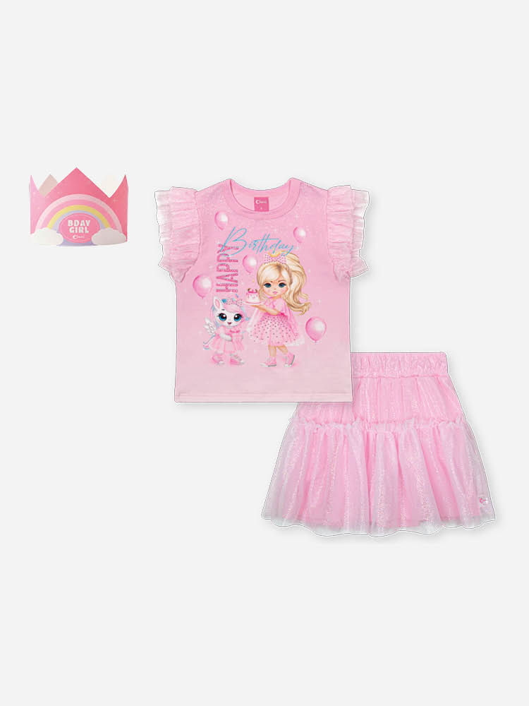 Conjunto Infantil de Aniversário com Saia Shorts em Tule Foil – Princesa Birthday Cinti ROSA IOGURTE