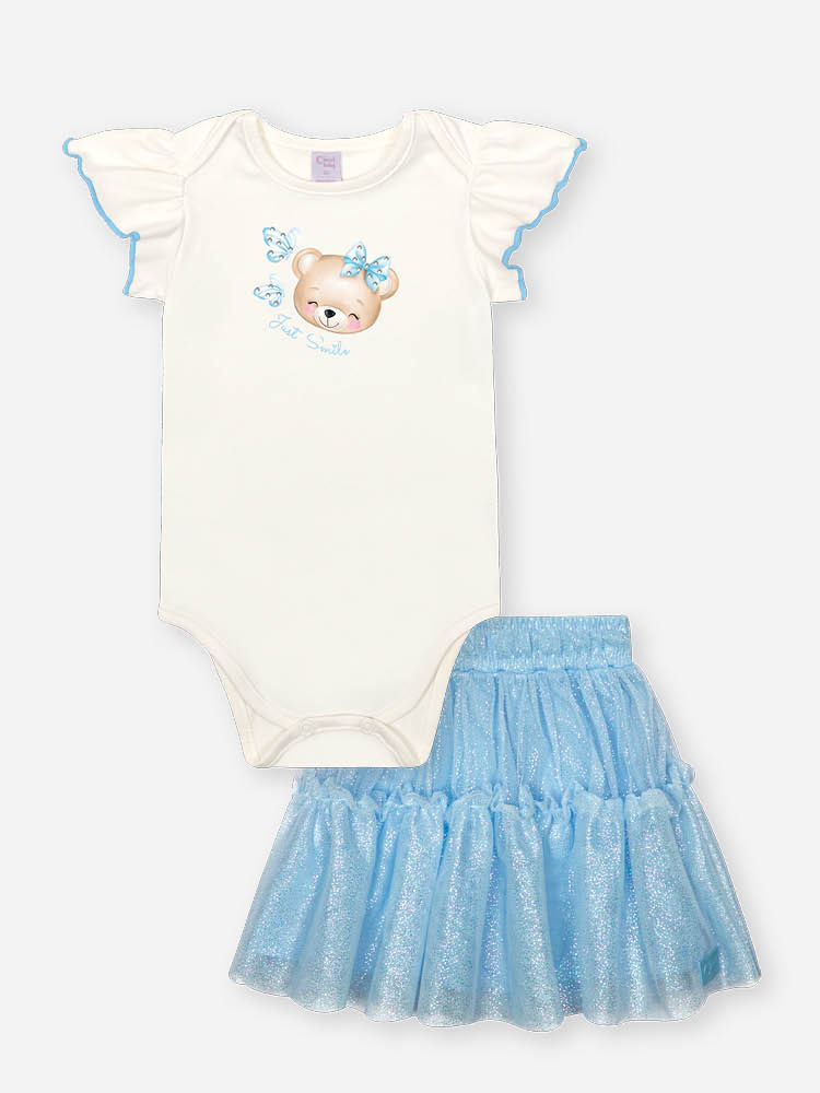 Conjunto Bebê Menina Body com Saia em Tule Foil Ursinha – Look Delicado Cinti Baby NATURAL/AZ PORCELANA