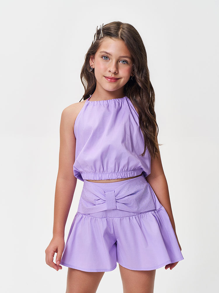 Conjunto Infantil Regata Cropped e Short Lilás com Laço e Strass
