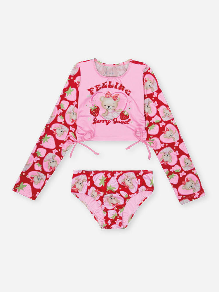 Biquíni Infantil em Malha UV com Estampa de Ursinha e Morangos – Moda Praia Menina Verão com Strass ROSA IOGURTE