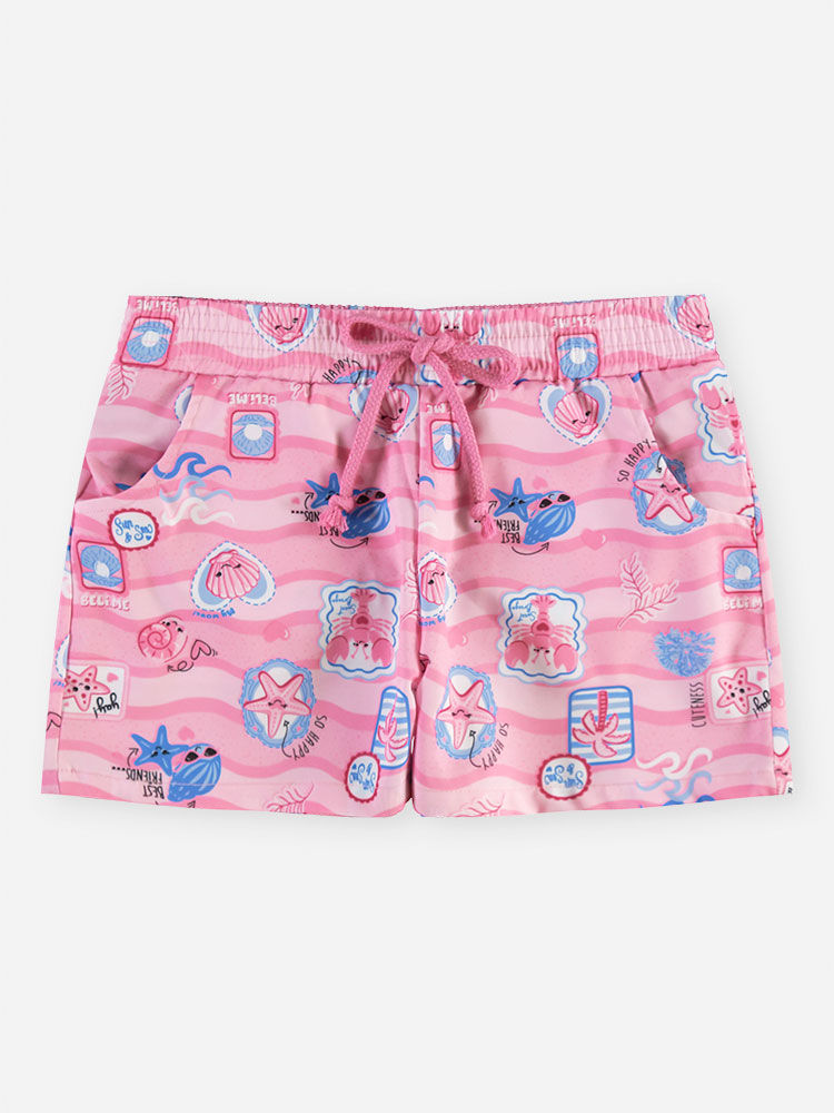 Short Infantil Menina em Nylon de Fundo do Mar com Cordão