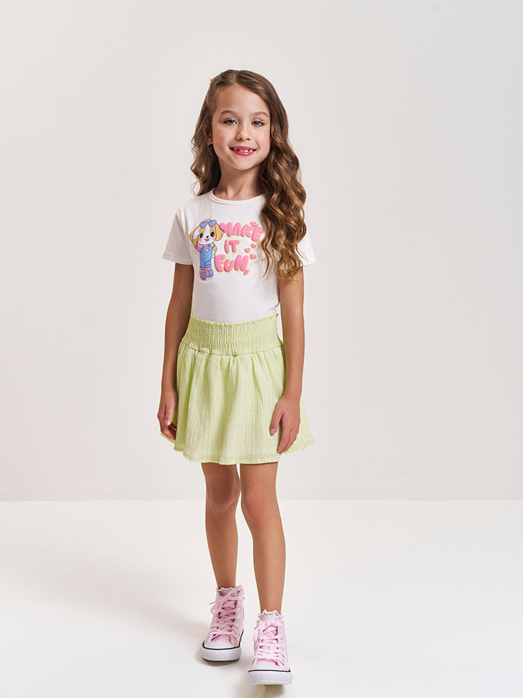 Conjunto Infantil com Blusa em Cotton de Cachorro e Saia Shorts em Cotton Silver – Look Menina Verão NATURAL/AM VAGALUME