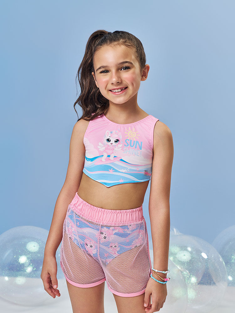 Biquíni Infantil em Malha UV com Estampa de Unicórnio e Shorts em Tela – Moda Praia Menina Verão ROSA IOGURTE