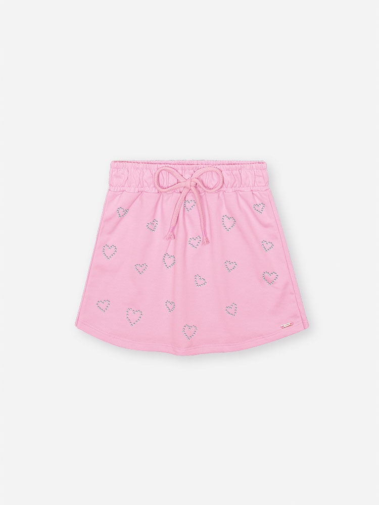 Shorts Saia Infantil em Moletinho – Saia Short Menina Verão com Strass de Coração ROSA IOGURTE