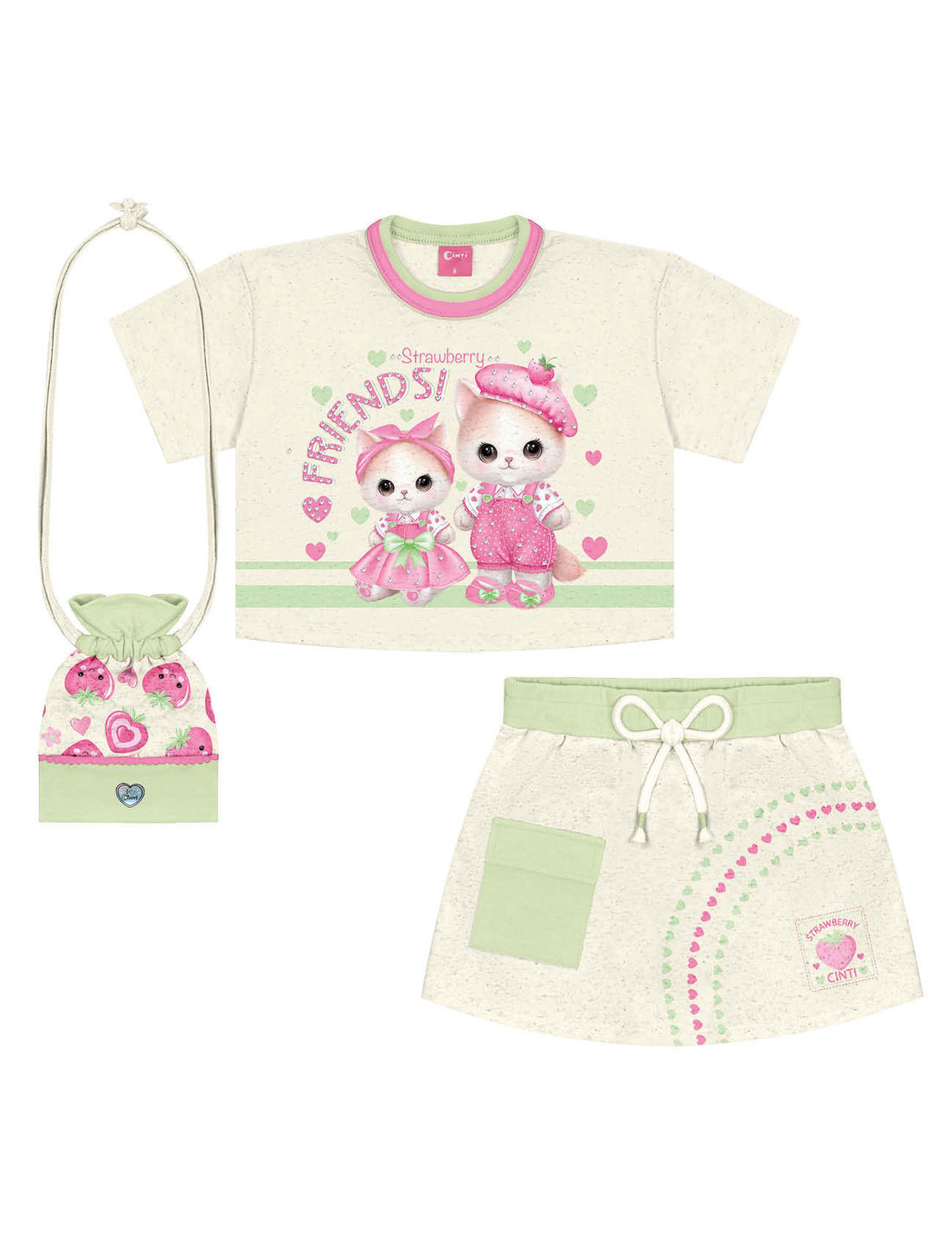 Conjunto Infantil Menina Blusa Gatinha; Short-Saia E Bolsa Strawberry Off White E Verde Cinti