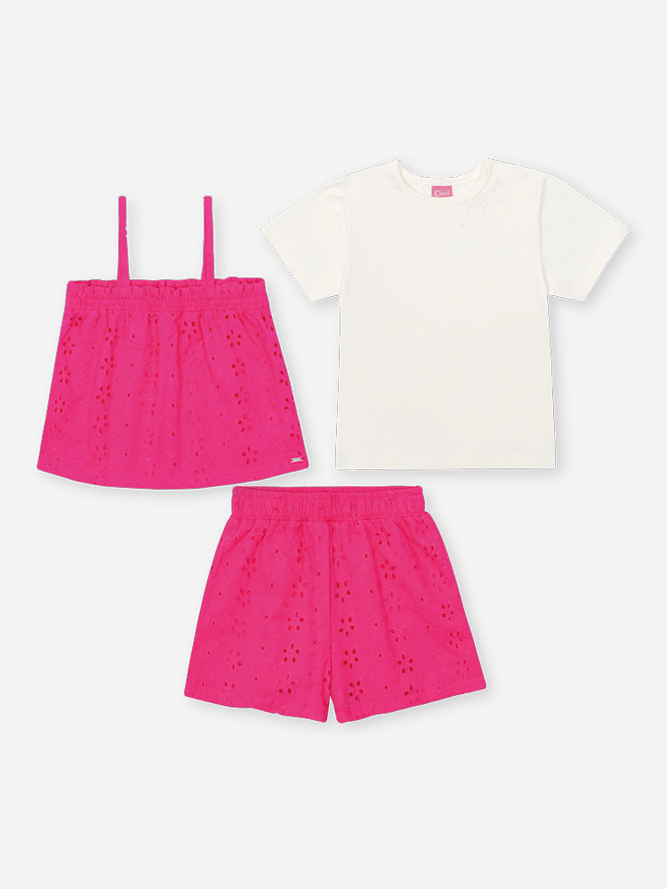Conjunto Infantil Blusa, Sobreposição e Shorts Laise Rosa