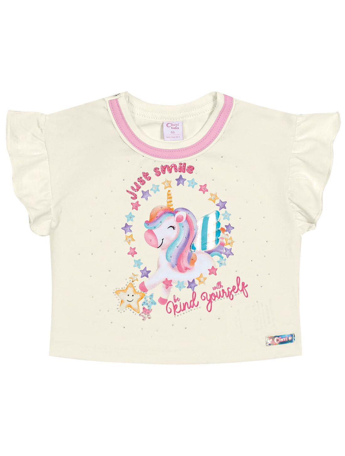 Conjunto Bebê Menina Unicórinio Blusa E Short-Saia Natural E Rosa Cinti