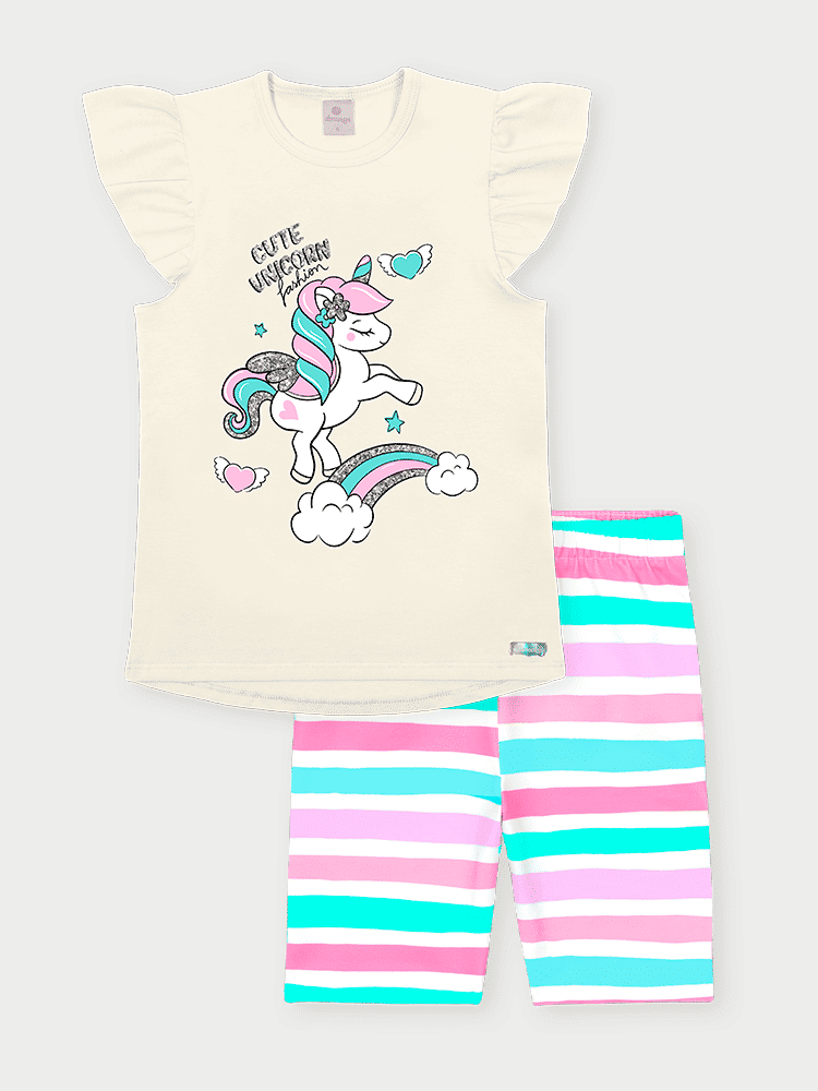 Conjunto Infantil Menina Unicórnio Listrado Natural Abrange