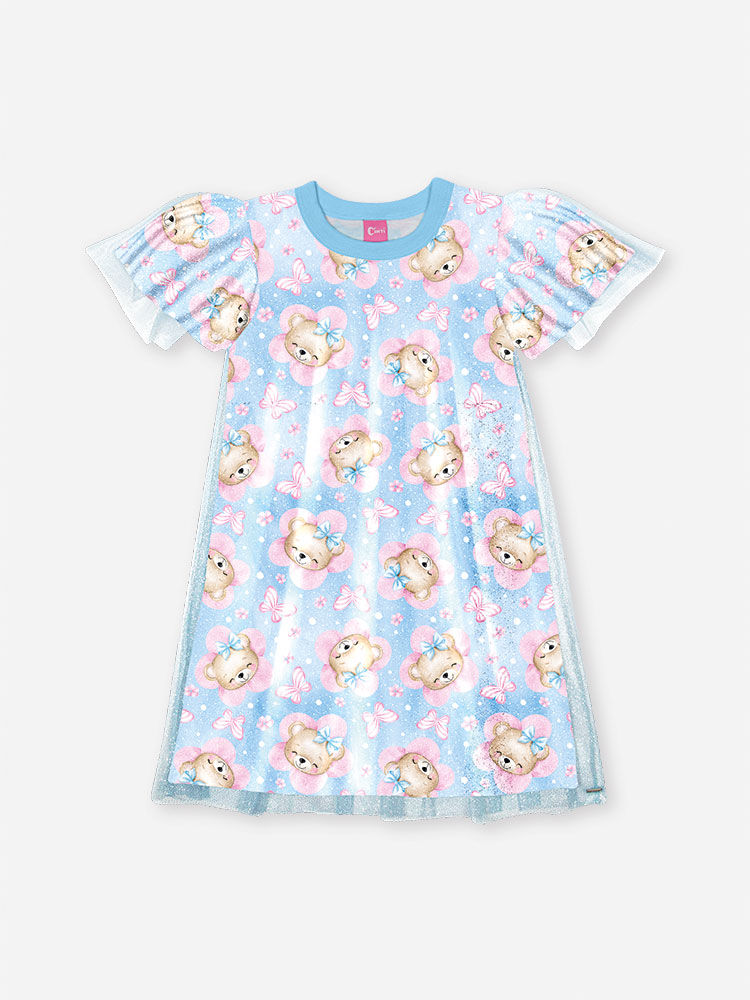Vestido Infantil em New Stretch com Tule Foil – Vestido Menina Verão com Estampa de Ursinha AZUL PORCELANA