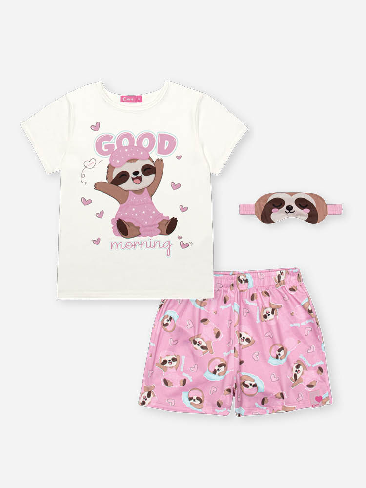 Pijama Infantil com Blusa, Shorts em Malha Suede e Máscara de Dormir – Pijama Menina Verão de Pregui NATURAL/RS IOGURTE