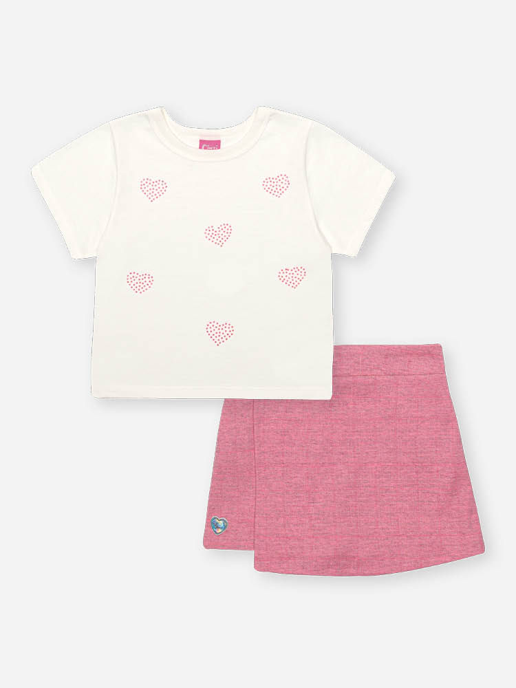 Conjunto Infantil Neon Love com Blusa Boxy e Shorts Saia em Malha Mescla Eco – Look Menina Verão com NATURAL/ROSA NEON