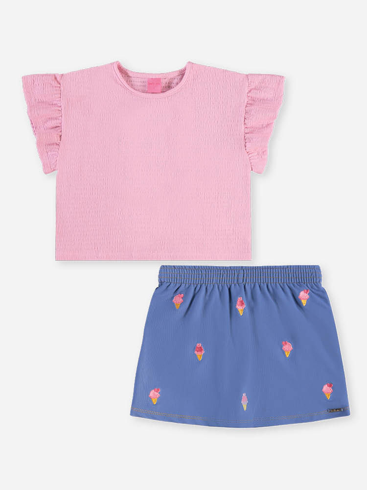 Conjunto Infantil Blusa Lastex e Short-Saia Sorvetes Bordado