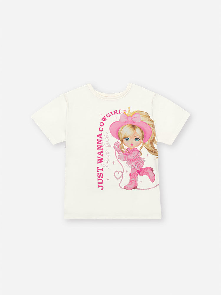Conjunto Infantil com Blusa Princesa e Unicórnio Cowgirls e Saia Shorts em Cotton NATURAL/RS CONFETE