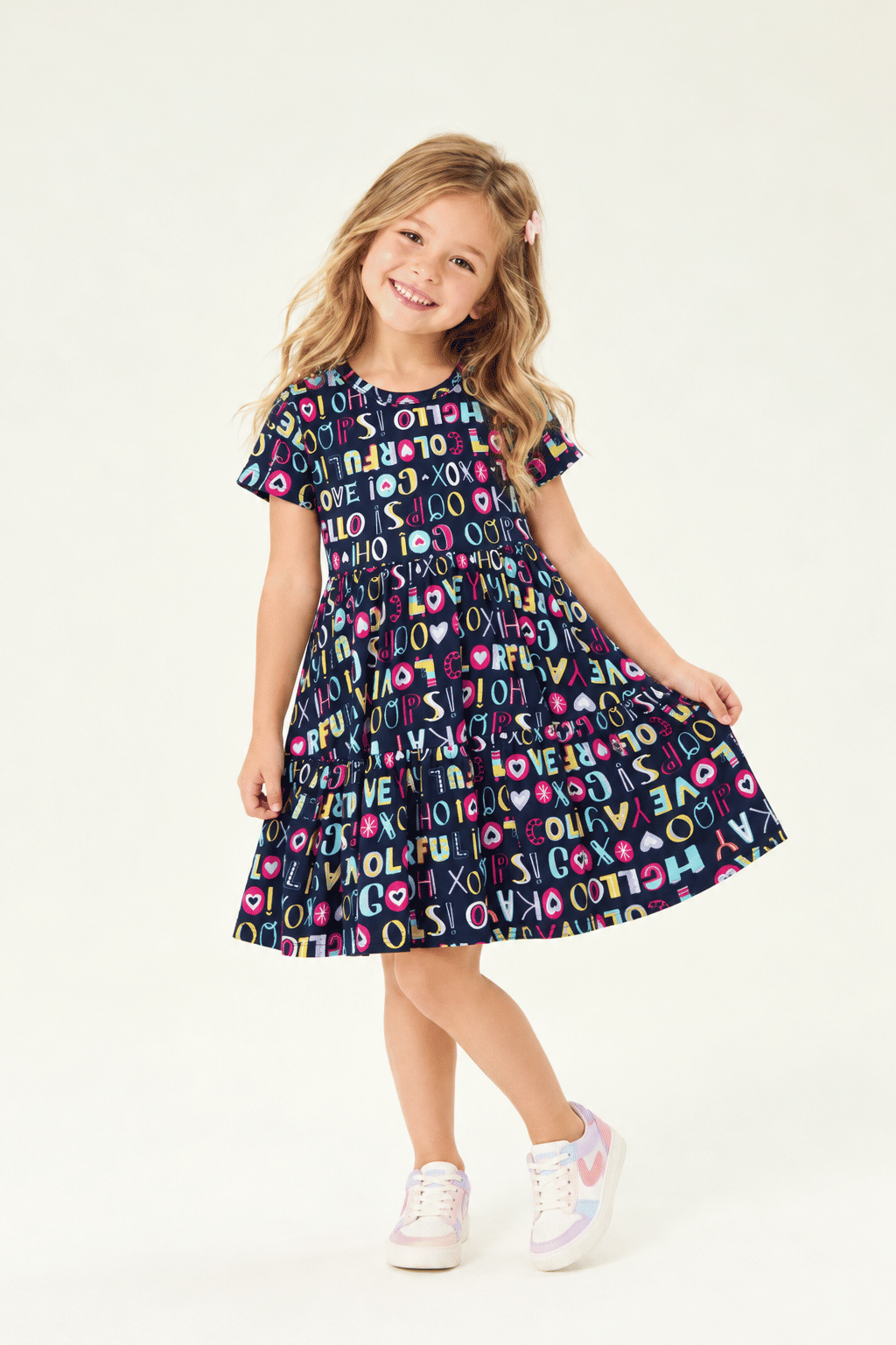 Vestido Infantil Estampado Letrinhas Azul Vestido Infantil Estampado Letrinhas Azul