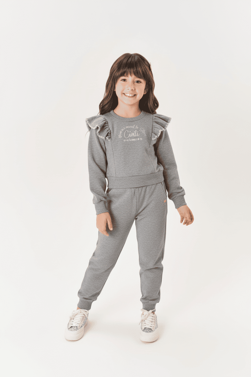 Conjunto Infantil Menina Blusão Babado E Calça Mescla Mundo Cinti Conjunto Infantil Menina Blusão Babado E Calça Mescla Mundo Cinti