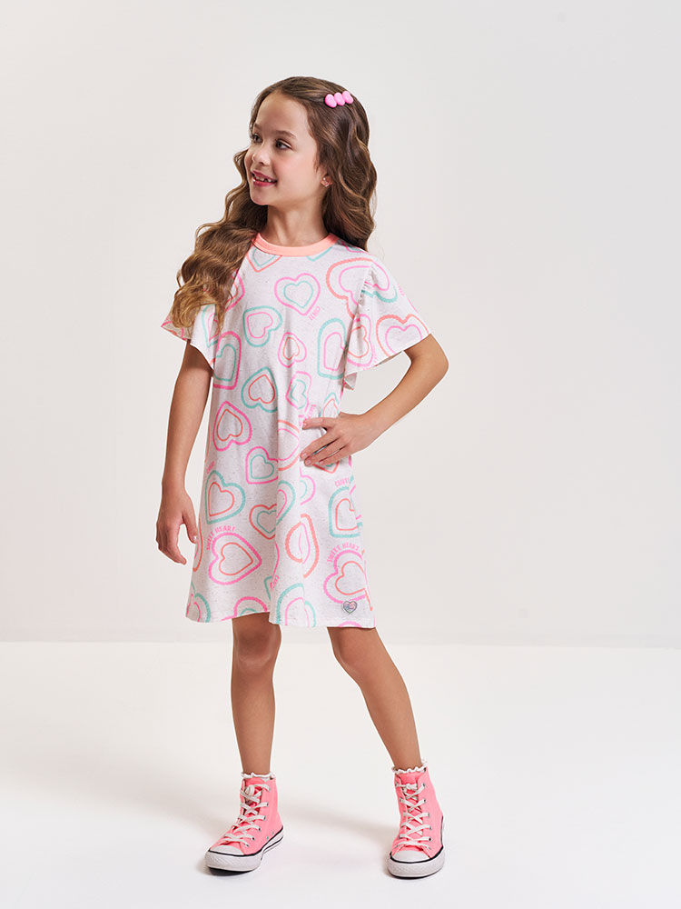 Vestido Infantil Neon Love em Cotton Linho com Estampa de Corações – Vestido Menina Verão Off White OFF WHITE