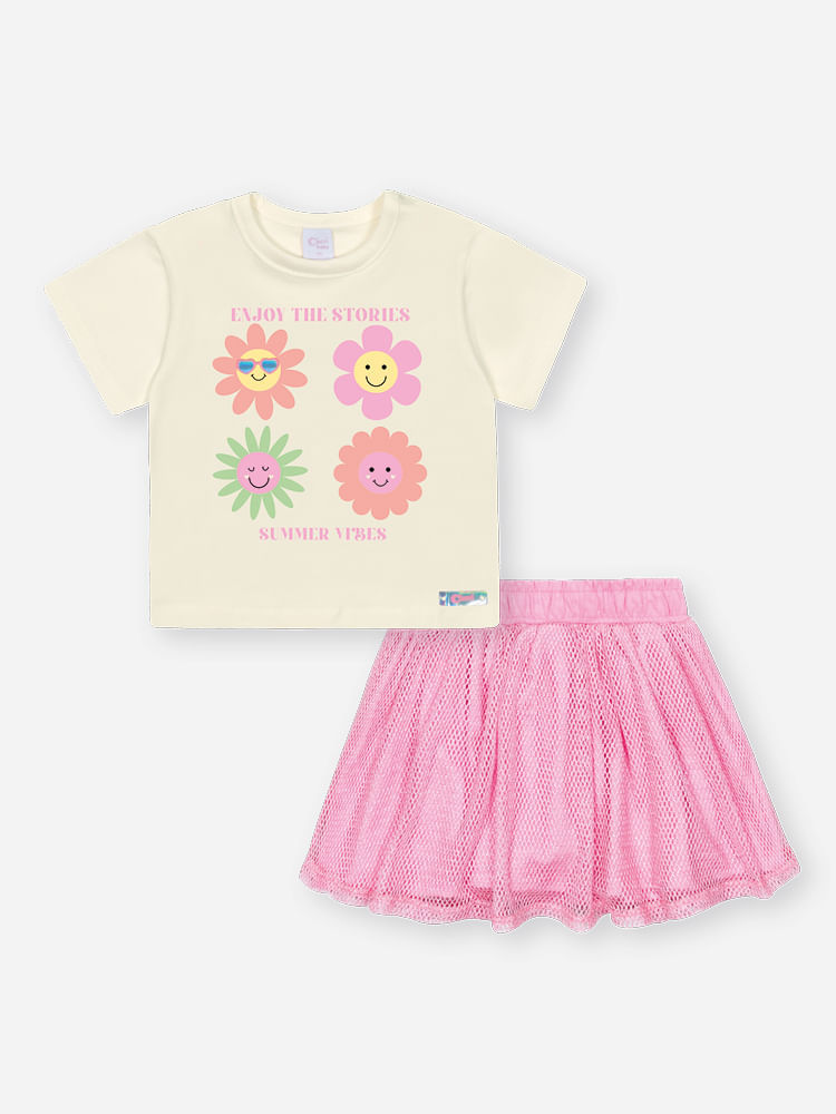 CONJ BLUSA E SAIA/SHORTS NATURAL/ROSA BARBIE