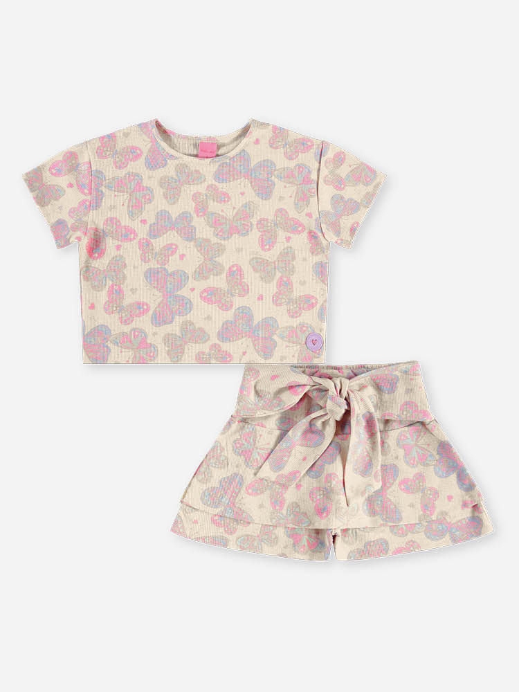 Conjunto Infantil Menina Blusa Boxy e Short-Saia Borboletas