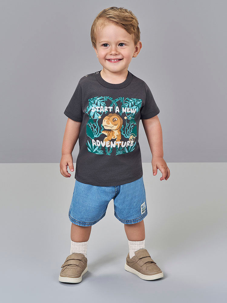 Conjunto Bebê Menino Jurassic World Camiseta T-Rex e Bermuda Jeans Médio Conjunto Bebê Menino Jurassic World Camiseta T-Rex e Bermuda Jeans Médio