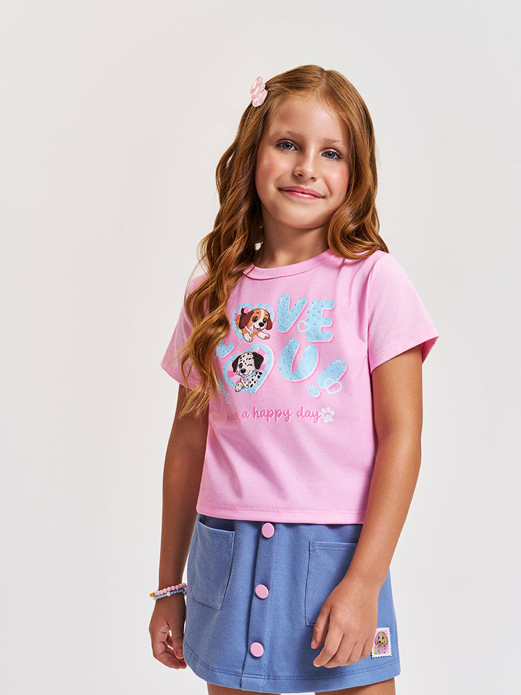 Conjunto Infantil com Blusa e Shorts Saia em Molecotton Denim – Look Menina Verão com Strass RS IOGURTE/AZ JEANS M