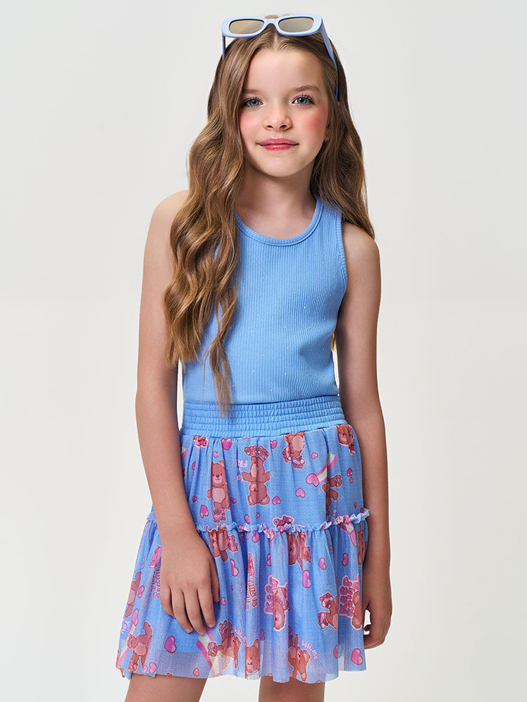Conjunto Infantil Menina Regata com Strass e Saia-Short de Ursinhos
