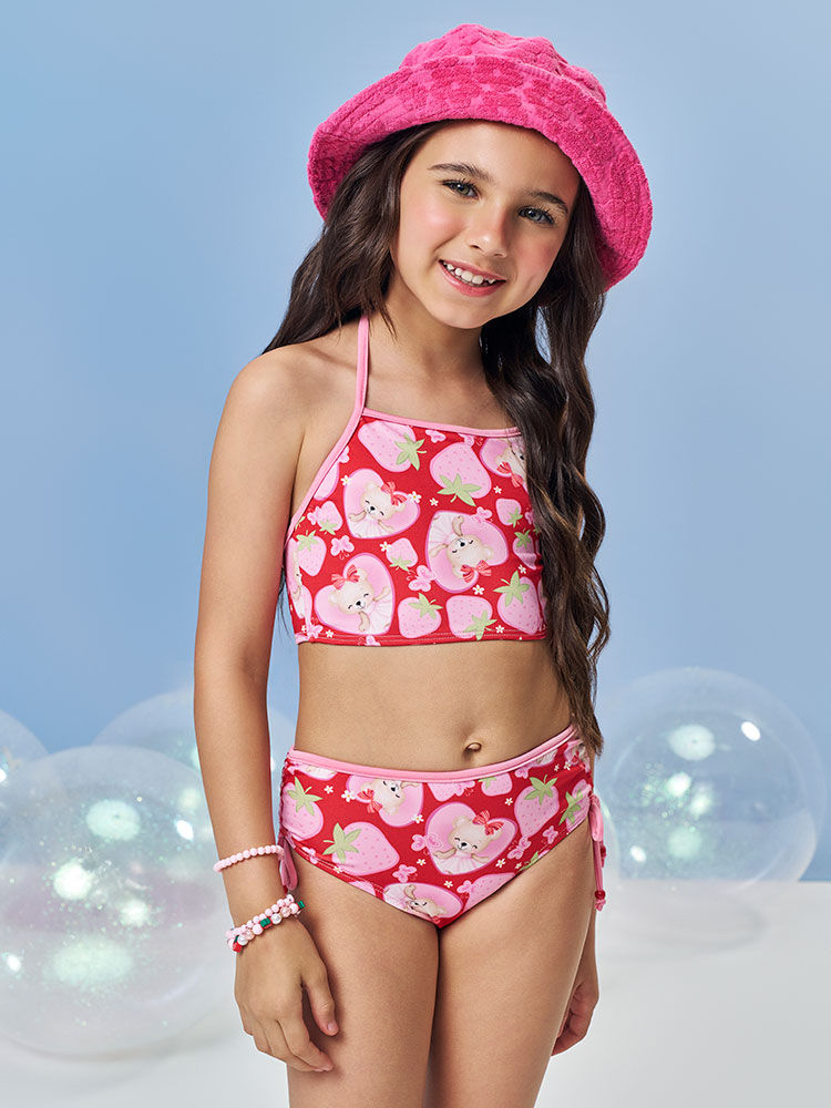 Biquíni Infantil em Malha UV com Estampa de Ursinha e Morangos – Moda Praia Menina Verão com Miçanga ROSA IOGURTE