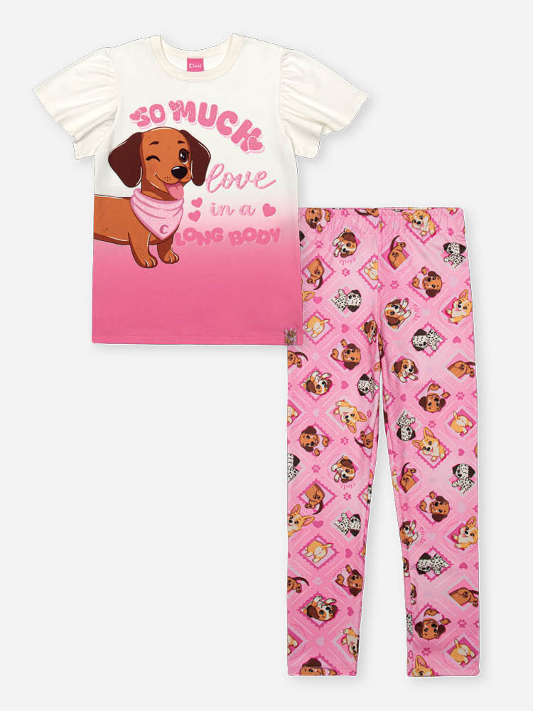Conjunto Infantil com Blusa Degradê e Legging em Suplex – Look Menina Verão com Cachorrinho e Strass NATURAL/RS CONFETE