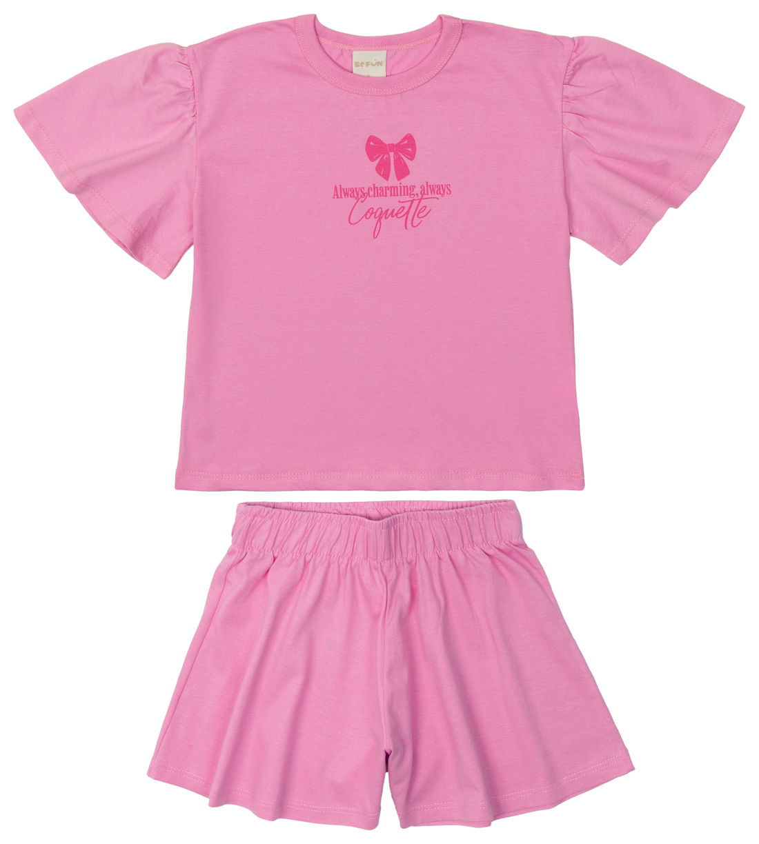 Conjunto Infantil Laço de Blusa Bufante e Shorts Rosa Conjunto Infantil Laço de Blusa Bufante e Shorts Rosa