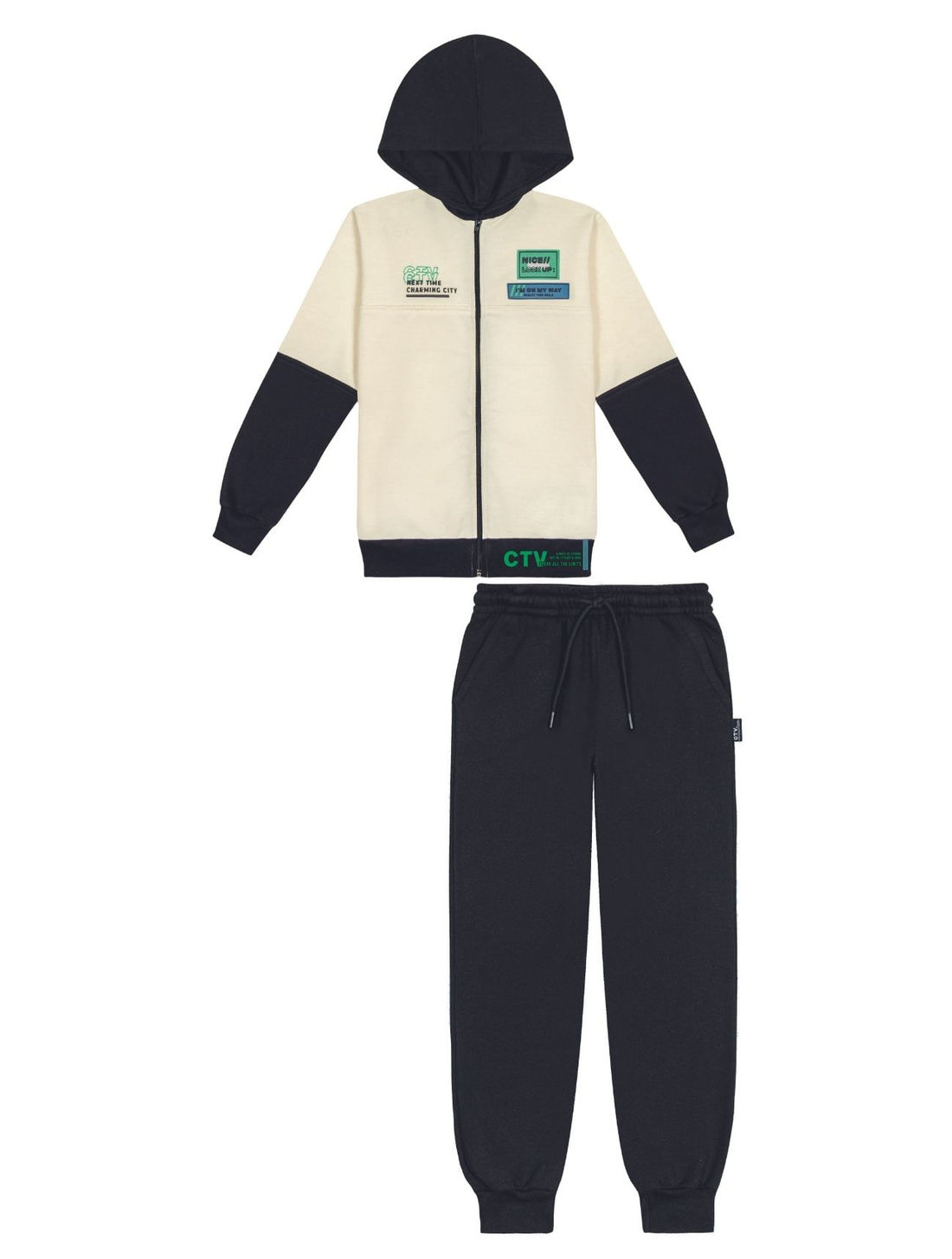 Conjunto Jaqueta Color Block E Calça Off White E Preto CTV