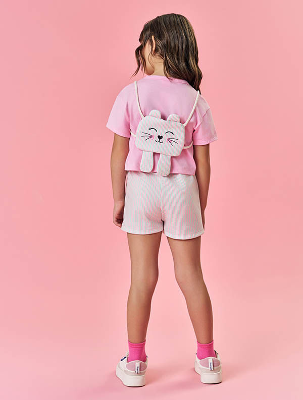 CONJ BLUSA,SHORTS/SAIA E BOLSA ROSA/VERDE/VERDE