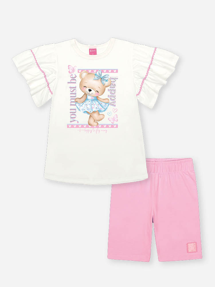 Conjunto Infantil com Blusa 100% Algodão e Ciclista em Cotton – Look Menina Verão com Strass NATURAL/RS IOGURTE