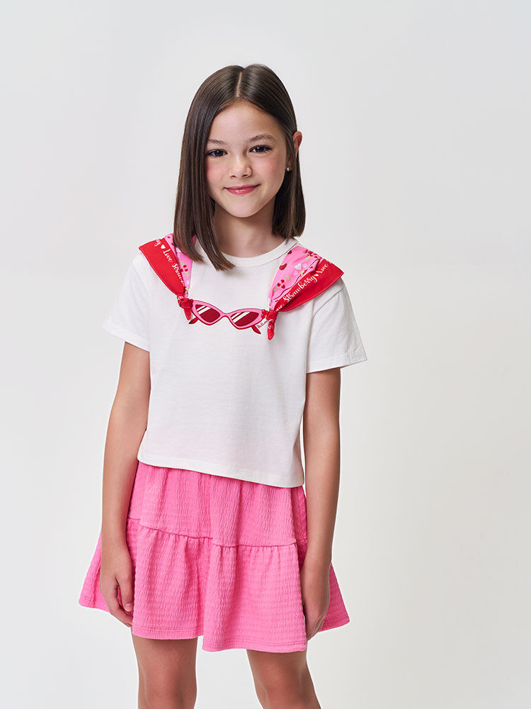 Conjunto Infantil Menina Blusa Boxy Óculos e Saia-Short com Bandana
