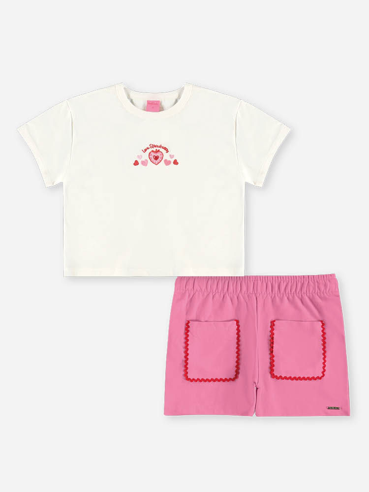 Conjunto Infantil Menina Blusa Boxy e Short Rosa com Morango Bordado