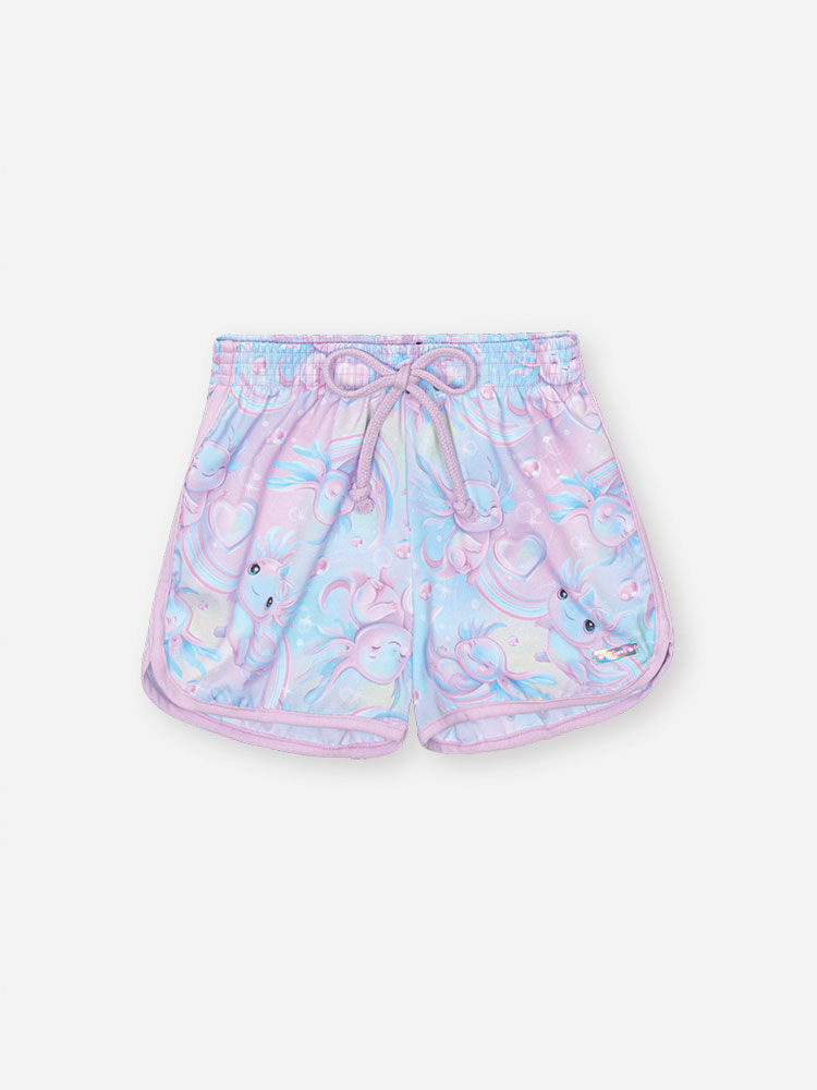 Shorts Infantil Básico em Nylon Estampado – Short Menina Verão Estampado com Elastano LILAS BRUMA