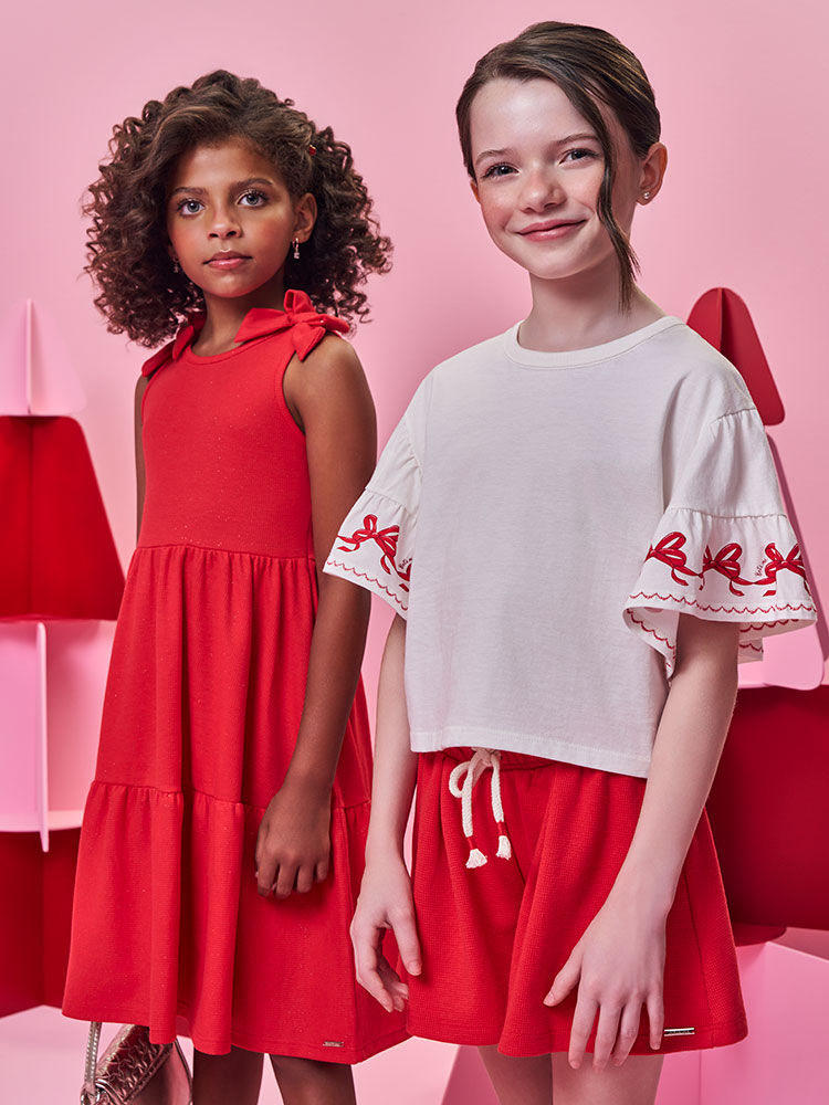 Conjunto Infantil Menina Blusa Boxy Laços e Short Waffle Vermelho