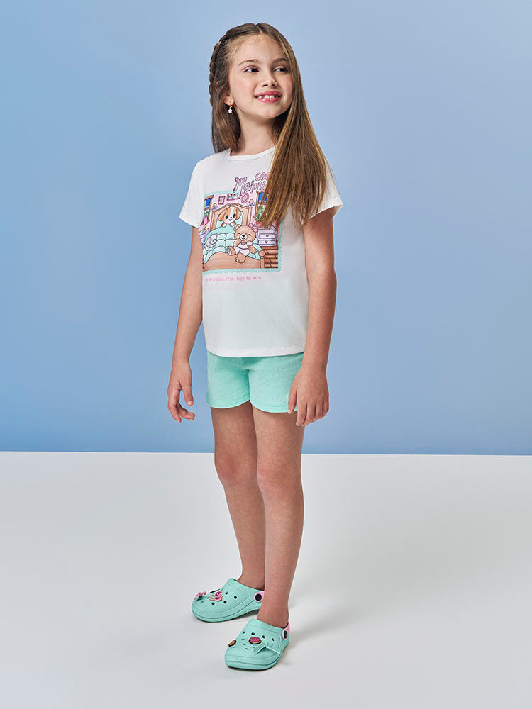 Pijama Infantil com Blusa e Shorts em Malha Botonê – Pijama Menina Verão de Bobbies Goods NATURAL/VD BRISA