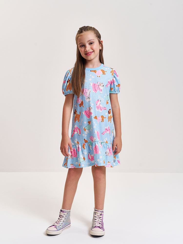 Vestido Infantil em Cotton Linho com Estampa de Cachorrinhos – Vestido Menina Verão AZUL PORCELANA