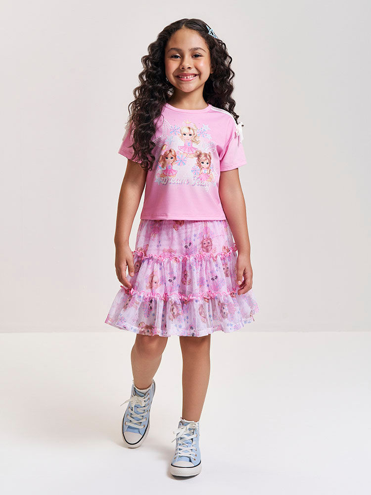 Conjunto Infantil Cheerleader com Saia em Tela e Ciclista – Conjunto Menina Fashion Cinti ROSA IOGURTE