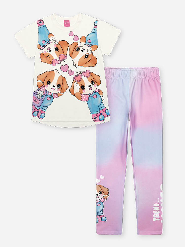 Conjunto Infantil com Blusa Cachorrinhos e Legging em Suplex – Look Menina Verão com Strass NATURAL/RS IOGURTE