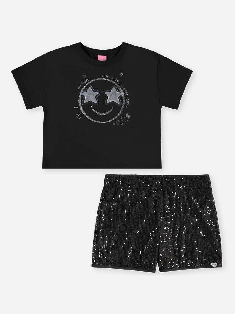 Conjunto Infantil Menina Blusa Boxy Smile e Short de Paetê