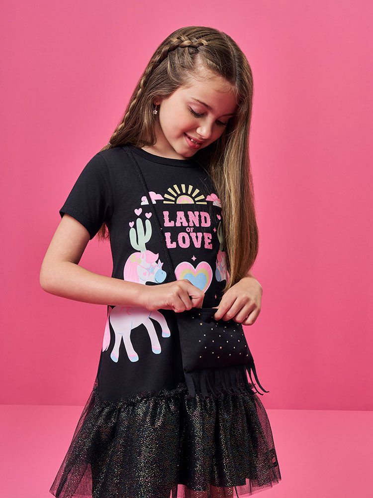 Vestido Infantil de Unicórnio e Bolsa – Vestido Menina Preto com Tule Foil PRETO