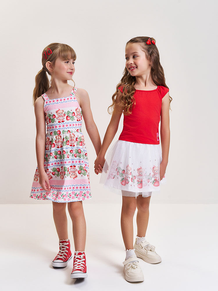 Vestido Infantil em New Stretch Estampado – Vestido Menina Verão com Etiqueta com Essência ROSA IOGURTE