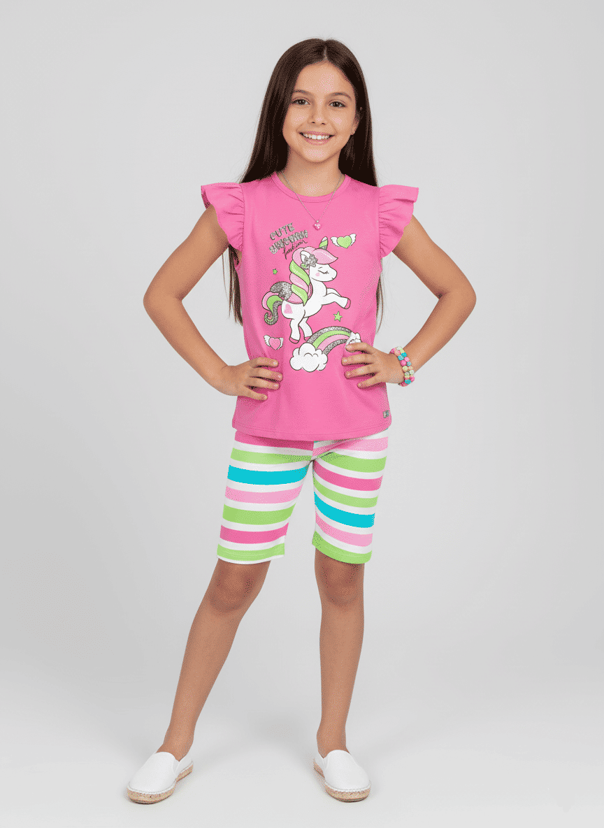 Conjunto Infantil Menina Unicórnio Listrado Rosa Abrange