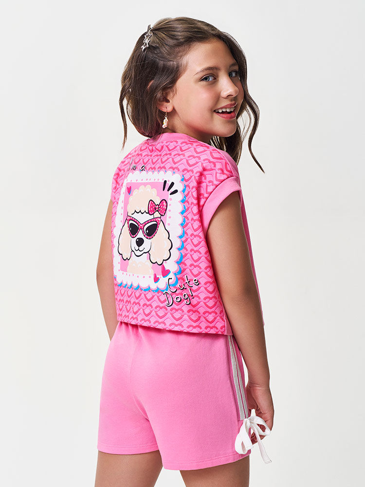 Trio Infantil Menina Regata e Short e Colete Poodle com Strass